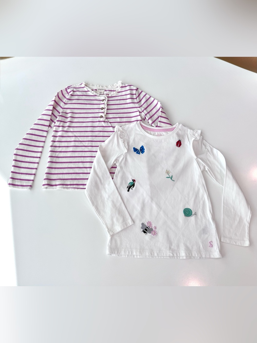 Joules & Crewcuts Long-Sleeve Embroidered White Top & Pink Striped with Ruffles